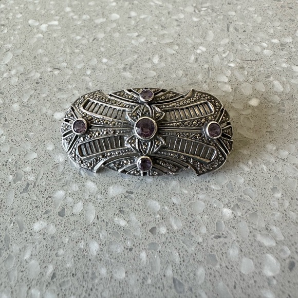 Art Deco Sterling Silver Natural Amethyst & Marcasite Brooch Stamped Makers Mark - Picture 2 of 11